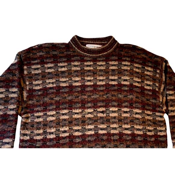 Jhane Barnes Men Sweater Large Wool Brown Geometric Wave Relaxed Fit  Vintage - Picture 4 of 9